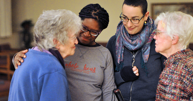 Sister Jane Meuse, Elandria Williams, Rachel Plattus and Sister Lorita Moffatt gather for conversation during a residency in which young adults lived at the Sisters of Mercy's convent to learn about their way of life. Photo courtesy of Nuns & Nones